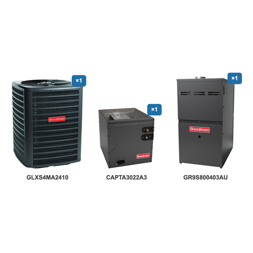Goodman 2 Ton Air Conditioner & Ultra Low NOx Gas Furnace System: GLXS4MA2410, CAPTA3022A3, GR9S800403AU