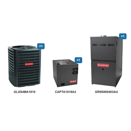 Goodman 1.5 Ton Air Conditioner & Ultra Low NOx Gas Furnace System: GLXS4MA1810, CAPTA1818A3, GR9S800403AU