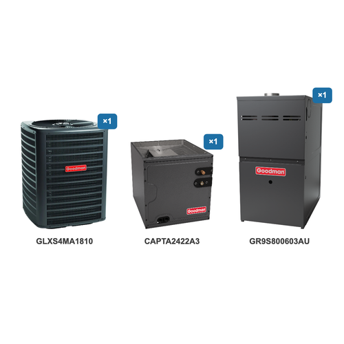 Goodman 1.5 Ton Air Conditioner & Ultra Low NOx Gas Furnace System: GLXS4MA1810, CAPTA2422A3, GR9S800603AU
