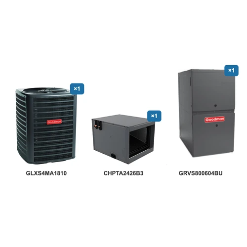 Goodman 1.5 Ton Air Conditioner & Ultra Low NOx Gas Furnace System: GLXS4MA1810, CHPTA2426B3, GRVS800604BU