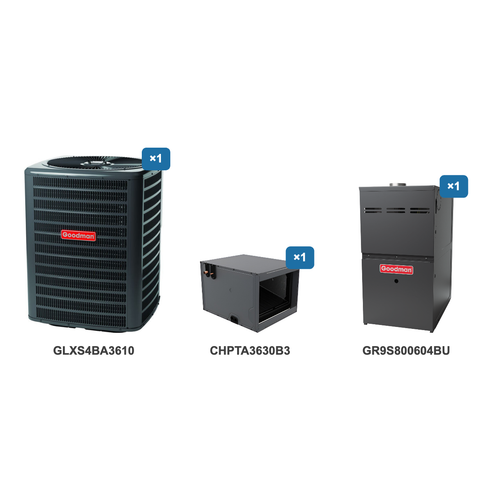 Goodman 3 Ton Air Conditioner & Ultra Low NOx Gas Furnace System: GLXS4BA3610, CHPTA3630B3, GR9S800604BU