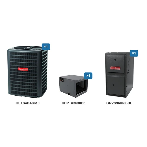 Goodman 3 Ton Air Conditioner & Ultra Low NOx Gas Furnace System: GLXS4BA3610, CHPTA3630B3, GRVS960603BU