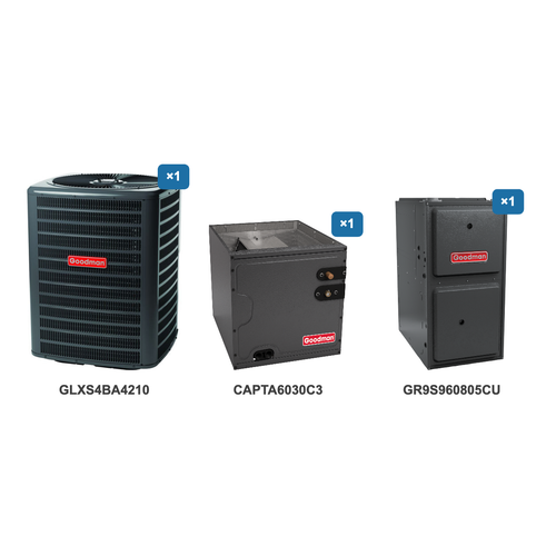 Goodman 3.5 Ton Air Conditioner & Ultra Low NOx Gas Furnace System: GLXS4BA4210, CAPTA6030C3, GR9S960805CU