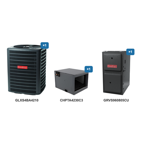Goodman 3.5 Ton Air Conditioner & Ultra Low NOx Gas Furnace System: GLXS4BA4210, CHPTA4230C3, GRVS960805CU