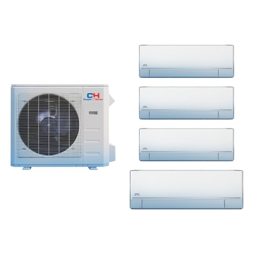 Cooper & Hunter 36,000 BTU 3 Ton 24 SEER2 Wall Mounted Quad Zone Ductless Mini Split Heat Pump System 9K + 9K + 9K + 18K Astoria R-454B 208/230V, model CH-R36MES-AST-9-9-9-18