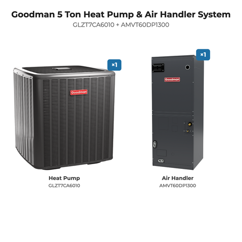 Goodman 5 Ton Heat Pump & Air Handler System bundle: GLZT7CA6010 heat pump, AMVT60DP1300 air handler