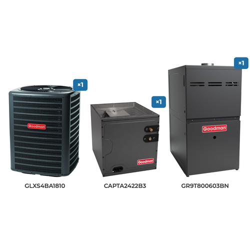 Goodman 1.5 Ton Air Conditioner & Gas Furnace System: GLXS4BA1810 air conditioner, CAPTA2422B3 evaporator coil, GR9T800603BN gas furnace