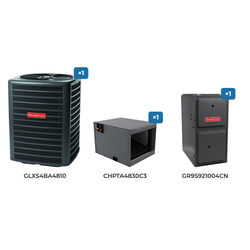Goodman 4 Ton Air Conditioner & Gas Furnace System: GLXS4BA4810 air conditioner, CHPTA4830C3 evaporator coil, GR9S921004CN gas furnace
