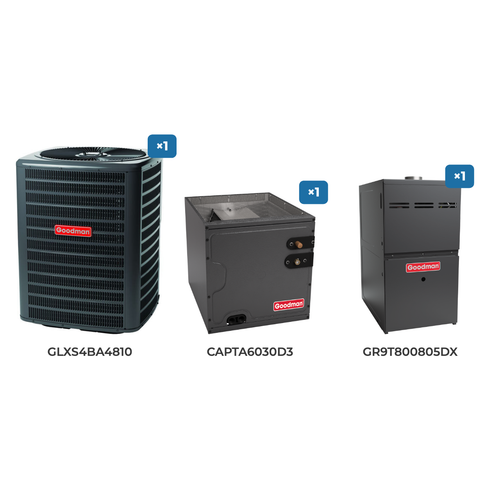 Goodman 4 Ton Air Conditioner & Gas Furnace System: GLXS4BA4810 air conditioner, CAPTA6030D3 evaporator coil, GR9T800805DX gas furnace