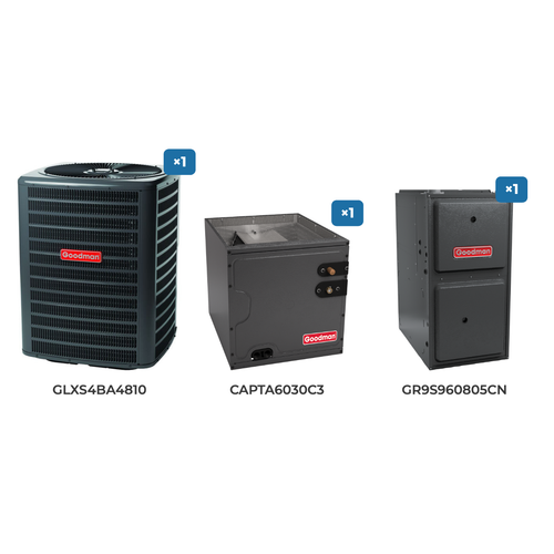 Goodman 4 Ton Air Conditioner & Gas Furnace System: GLXS4BA4810 air conditioner, CAPTA6030C3 evaporator coil, GR9S960805CN gas furnace