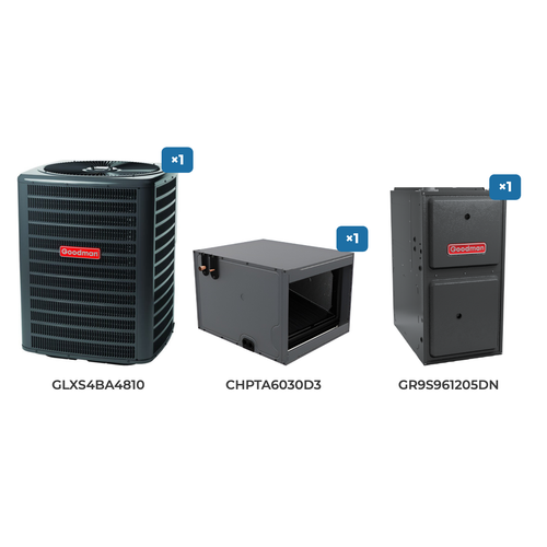 Goodman 4 Ton Air Conditioner & Gas Furnace System: GLXS4BA4810 air conditioner, CHPTA6030D3 evaporator coil, GR9S961205DN gas furnace