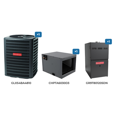 Goodman 4 Ton Air Conditioner & Gas Furnace System: GLXS4BA4810 air conditioner, CHPTA6030D3 evaporator coil, GR9T801205DN gas furnace