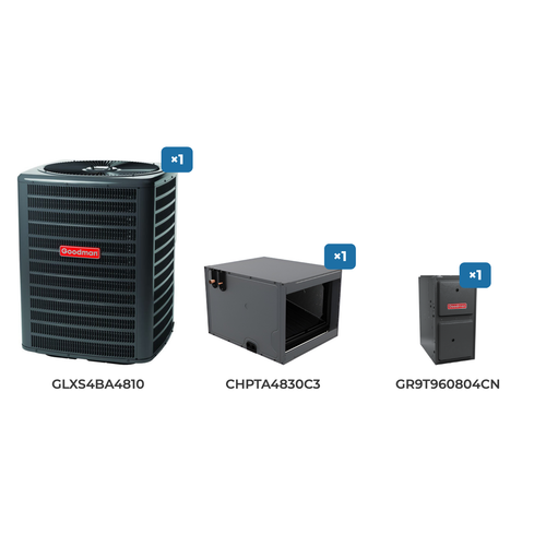 Goodman 4 Ton Air Conditioner & Gas Furnace System: GLXS4BA4810 air conditioner, CHPTA4830C3 evaporator coil, GR9T960804CN gas furnace