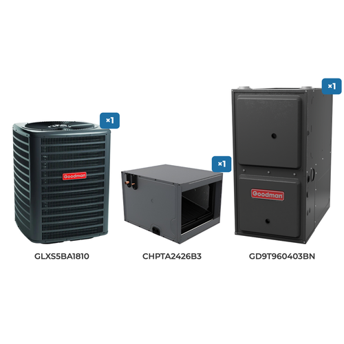 Goodman 1.5 Ton Air Conditioner & Gas Furnace System: GLXS5BA1810 air conditioner, CHPTA2426B3 evaporator coil, GD9T960403BN gas furnace