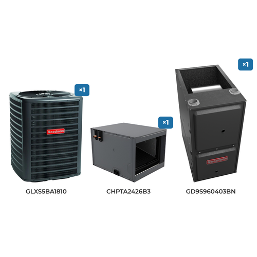 Goodman 1.5 Ton Air Conditioner & Gas Furnace System: GLXS5BA1810 air conditioner, CHPTA2426B3 evaporator coil, GD9S960403BN gas furnace