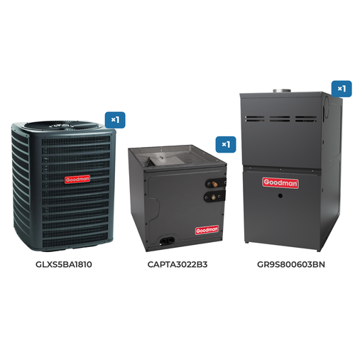 Goodman 1.5 Ton Air Conditioner & Gas Furnace System: GLXS5BA1810 air conditioner, CAPTA3022B3 evaporator coil, GR9S800603BN gas furnace