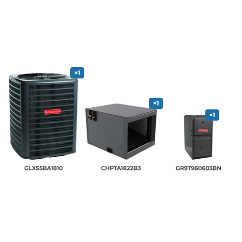 Goodman 1.5 Ton Air Conditioner & Gas Furnace System: GLXS5BA1810 air conditioner, CHPTA1822B3 evaporator coil, GR9T960603BN gas furnace