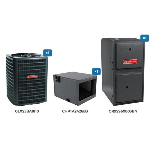 Goodman 1.5 Ton Air Conditioner & Gas Furnace System: GLXS5BA1810 air conditioner, CHPTA2426B3 evaporator coil, GR9S960803BN gas furnace