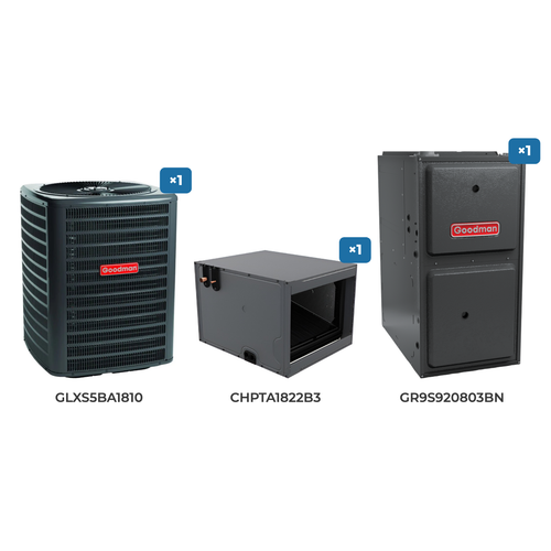Goodman 1.5 Ton Air Conditioner & Gas Furnace System: GLXS5BA1810 air conditioner, CHPTA1822B3 evaporator coil, GR9S920803BN gas furnace