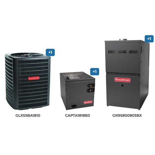 Goodman 1.5 Ton Air Conditioner & Gas Furnace System: GLXS5BA1810 air conditioner, CAPTA1818B3 evaporator coil, GR9S800803BX gas furnace