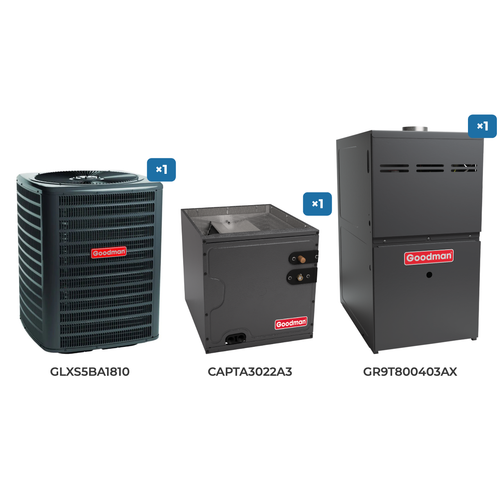 Goodman 1.5 Ton Air Conditioner & Gas Furnace System: GLXS5BA1810 air conditioner, CAPTA3022A3 evaporator coil, GR9T800403AX gas furnace