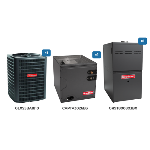Goodman 1.5 Ton Air Conditioner & Gas Furnace System: GLXS5BA1810 air conditioner, CAPTA3026B3 evaporator coil, GR9T800803BX gas furnace