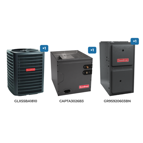 Goodman 1.5 Ton Air Conditioner & Gas Furnace System: GLXS5BA1810 air conditioner, CAPTA3026B3 evaporator coil, GR9S920603BN gas furnace