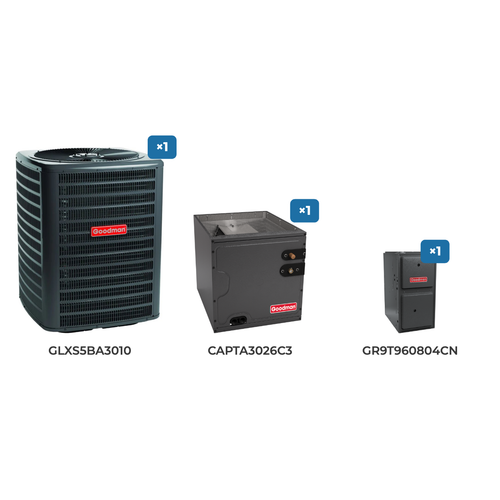 Goodman 2.5 Ton Air Conditioner & Gas Furnace System: GLXS5BA3010 air conditioner, CAPTA3026C3 evaporator coil, GR9T960804CN gas furnace