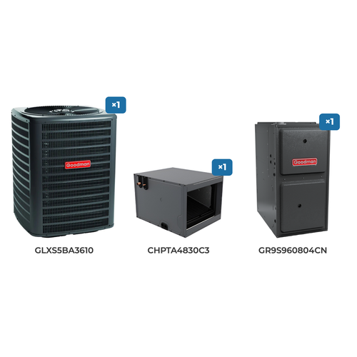 Goodman 3 Ton Air Conditioner & Gas Furnace System: GLXS5BA3610 air conditioner, CHPTA4830C3 evaporator coil, GR9S960804CN gas furnace