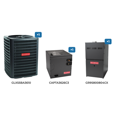 Goodman 3 Ton Air Conditioner & Gas Furnace System: GLXS5BA3610 air conditioner, CAPTA3626C3 evaporator coil, GR9S800804CX gas furnace