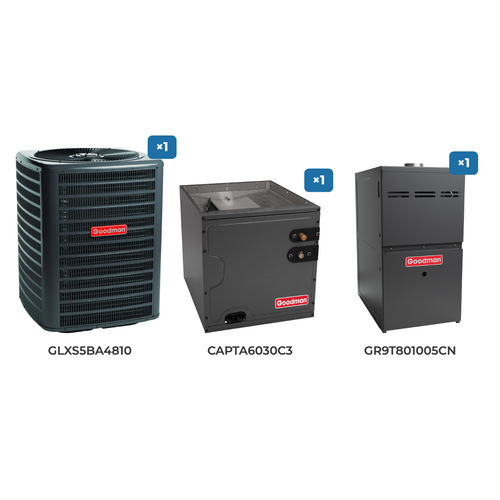 Goodman 4 Ton Air Conditioner & Gas Furnace System: GLXS5BA4810 air conditioner, CAPTA6030C3 evaporator coil, GR9T801005CN gas furnace