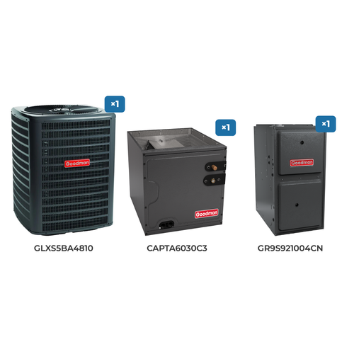 Goodman 4 Ton Air Conditioner & Gas Furnace System: GLXS5BA4810 air conditioner, CAPTA6030C3 evaporator coil, GR9S921004CN gas furnace
