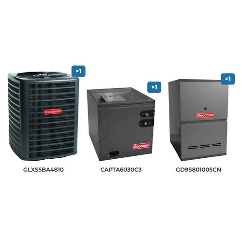 Goodman 4 Ton Air Conditioner & Gas Furnace System: GLXS5BA4810 air conditioner, CAPTA6030C3 evaporator coil, GD9S801005CN gas furnace