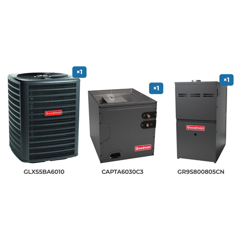 Goodman 5 Ton Air Conditioner & Gas Furnace System: GLXS5BA6010 air conditioner, CAPTA6030C3 evaporator coil, GR9S800805CN gas furnace