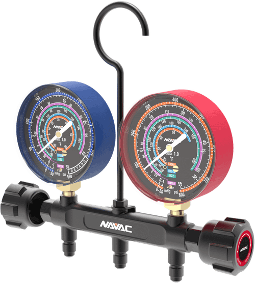 NAVAC NMG12A A2L Pro Series 2-Valve Brass Manifold Gauge, 3-1/8" Dials, R-454B/R-32/R-410A/R-22