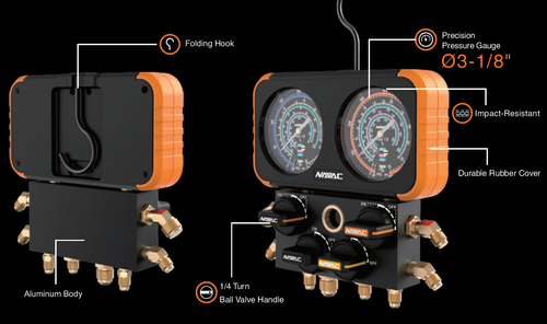 NAVAC N4A4H Pro Plus 4-Valve Manifold Gauge with 5' Hoses, 3-1/8" Dials, R-410A/R-22/R-134a/R-404A