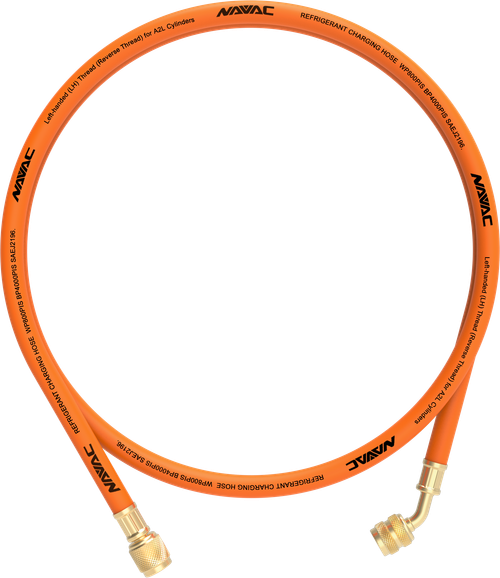 NAVAC NH5L A2L 1/4" Refrigerant Charging Hose without Ball Valve, 5', Orange, Left-Hand Thread