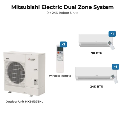 Mitsubishi Electric dual zone mini split system MXZ-5D36NL with 9K + 24K indoor units and remotes