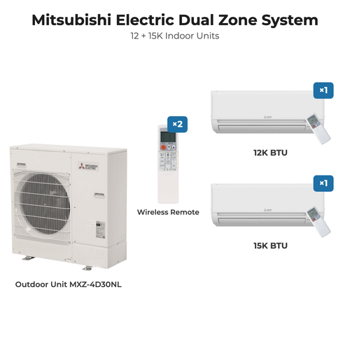 Mitsubishi Electric dual zone mini split system MXZ-4D30NL with 12K + 15K indoor units and remotes