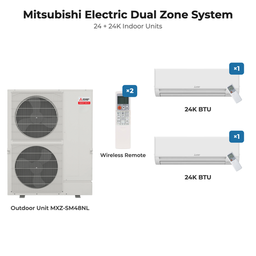 Mitsubishi Electric dual zone mini split system MXZ-SM48NL with 24K + 24K indoor units and remotes