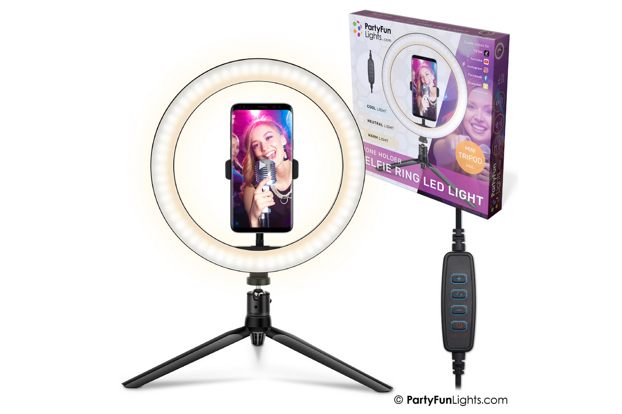 Party Fun Lights Selfie Ring LED Light 26 cm Tripod, Phone Holder with USB Plug