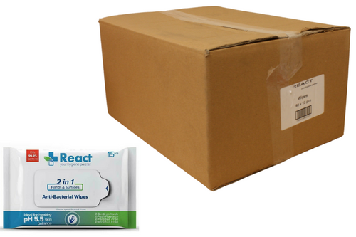 Box of React - 2-1 Hand & Surfaces - Anti-Bacterial Wipes - 60 x 15 Wipes