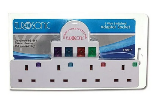 Eurosonic - 4 Way Switched Adaptor Socket - Surge & Spike Protector