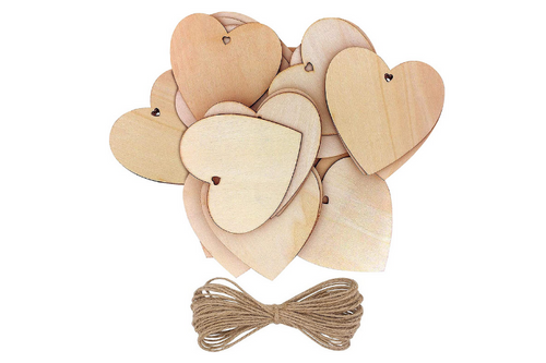 Kurtzy - 50 Plain Unfinished Wooden Shaped Hearts with 10m Natural Twine