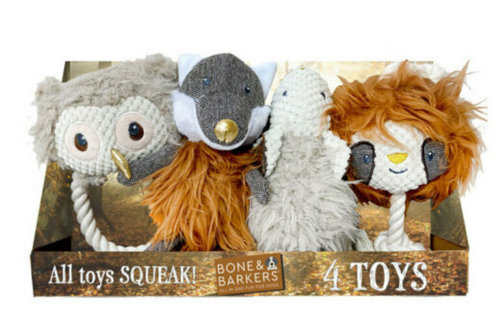 Bone & Barker - Woodland Trail Dog Toys - All Toys Squeak! x 4 (Damaged Box)