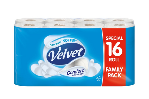 An image of Velvet Comfort - Family Pack Toilet Roll - 16 Rolls (Damaged Packaging) from Best Before Its Gone, we stock products near or past their best Before Date.