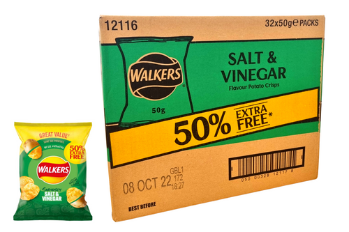 An image of Box of Walkers - Salt &amp; Vinegar - Large Bag - 32 x 50g from Best Before Its Gone, we stock products near or past their best Before Date.