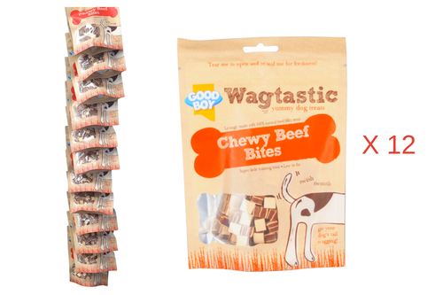 An image of Box of Good Boy - Wagtastic - Yummy Dog Treats -  Chewy Beef Bites - 12 x 70g from Best Before Its Gone, we stock products near or past their best Before Date.