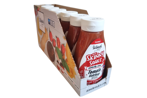 An image of Box of The Skinny Food Co - Skinny Sauce - Virtually Zero - Tomato Ketchup - Vegan - 6 x 250ml from Best Before Its Gone, we stock products near or past their best Before Date.