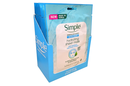 An image of Box of Simple - Water Boost - Hydrating Sheet Mask - 20 x 21ml from Best Before Its Gone, we stock products near or past their best Before Date.